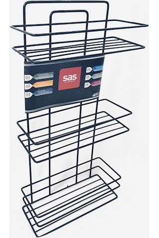 3 Katlı Siyah Yapışkanlı Banyo Rafı, 2 Kancalı Şampuanlık Düzenleyici, Paslanmaz Metal Banyo Askısı - TŞ-03