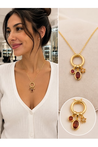 Kırmızı Kristal Charm Kolye Gold
