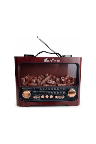 Fp-821 Nostaljik Radyo Şömine Görünümlü Led Işık Fenerli Bluetooth,hafıza Kartı,usb Bellek,aux Ve Radyo Destekli Hoparlör Kızıl Ahşap
