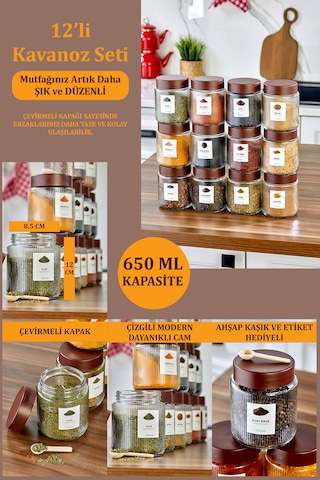 12'li Çizgili Kalın Cam Kavanoz Baharatlık Bakliyat Saklama Kavanozu Seti 650 Ml Şeffaf