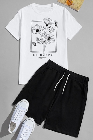 Uyguntarz Unisex Be Happy Baskılı Şort Takım Beyaz