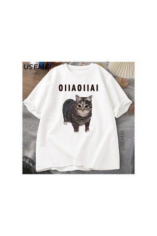 Tarzsokak İplik Kedi Meme Oiiai Erkek T-shirt Yaz Kısa Kollu Tee Pamuk Grafik Üst Rahat T Shirt Yuvarla 2907 Beyaz