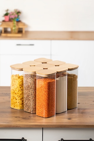 Porsima 7-3 Bambu Vakumlu Kapaklı Kare Borsilikat Cam 9lu Kavanoz Seti Saklama Kabı 1900ml 9,5x27cm Ahşap - Beyaz