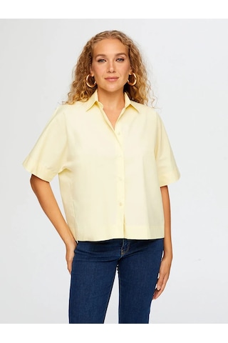 Faik Sönmez Kısa Kol Rahat Form Poplin Kadın Gömlek W26gml003 Sarı