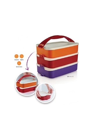 Tupperware Gezgin Saklama Kabı 3'lü 900 Ml Dikdörtgen Renkli Kırmızı Turuncu Mor