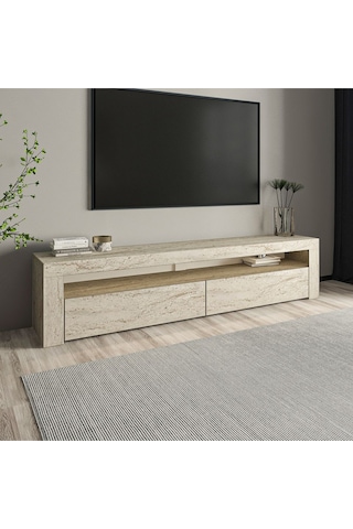 Batı LED Işıklı 2 Kapaklı TV Sehpası – 150 cm – Minimal Tasarım, Traverten