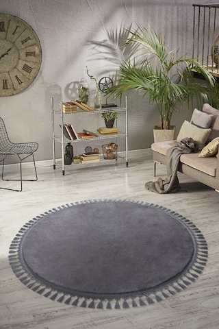Vl Yuvarlak Comfort Düz Saçaklı Peluş Antrasit Yolluk Halı Antrasit Ponpon Saçaklı Daire