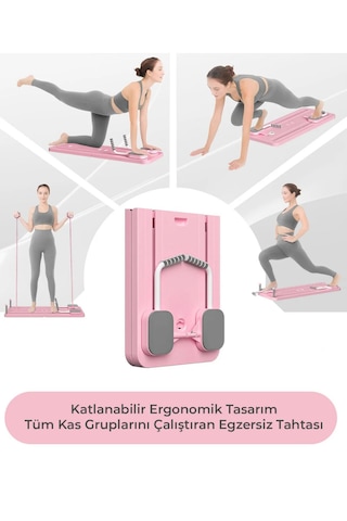 Pilates Aleti Zamanlayıcılı, Direnç Bantlı Çok Amaçlı Egzersiz Tahtası Telefon Tutacaklı Açık Pembe