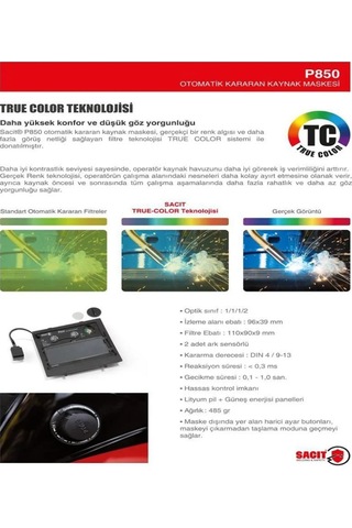 Sacit P850 Otomatik Kararan Kaynak Maskesi True Color Temiz Net