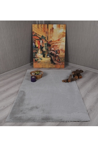 Dekoratif Tavşan Tüyü Ultra Yumuşak Peluş Kaymaz Halı Yolluk Gri