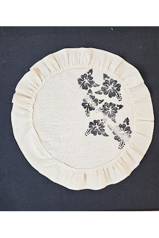 %100 Pamuklu Ham Keten Pamuk Fırfırlı Çiçek Taş Baskı 6' Lı Amerikan Servisi Supla Yuvarlak 45cm Naturel