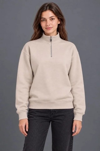 DefyModa Üç İplik İçi Şardonlu Dik Yaka Yarım Fermuarlı Kışlık Sweatshirt - Bej