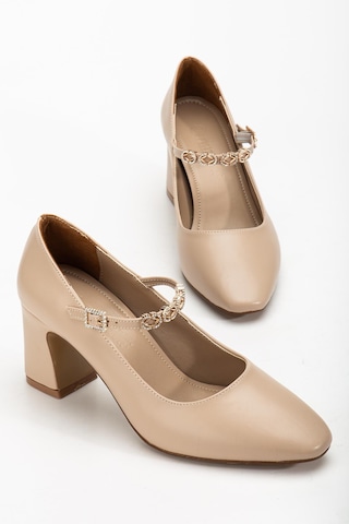 Kadın Stiletto Topuklu Ayakkabı Bej Suni Deri Baret Taşlı Kalın Topuklu-4173 Bej