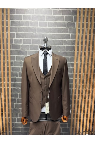 Dupont Classics Erkek Slim Fit 6 Drop Sivri Yaka Yelekli Poliviskon Çift Yırtmaç Takım Elbise Açık Kahverengi