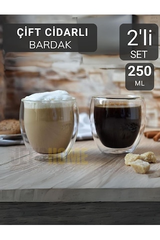 2 Li Set Kahve Bardağı 250 Ml Çay Bardağı Çift Cidarlı Bardak Cam Magnolya Bardağı Şeffaf