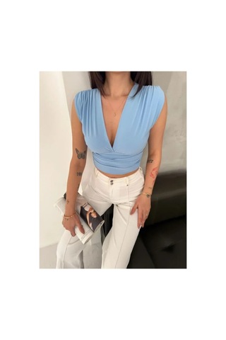 Butik İstanbul Vatkalı Kolsuz V Yaka Drapeli Crop Bluz Likralı Fit - Bebek Mavisi