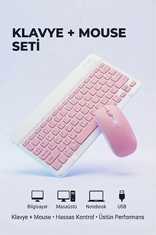 Kablosuz Bluetooth Klavye Ve Dongle Lı Mouse Seti Şarjlı Klavye Ve Fare Kombinasyonu Pembe