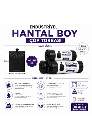 Liva Ambalaj Hantal Boy Çöp Torbası 100x150 Cm 750 Gr Endüstriyel Büyük Boy Çöp Poşeti 3 Rulo 30 Adet