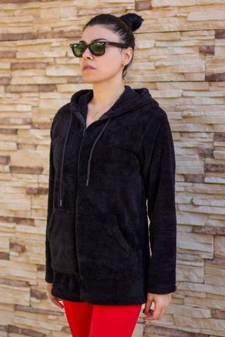 Kadın Siyah Peluş Kalın Fermuarlı Kapüşonlu Cepli Ceket 23kcktmy50 001
