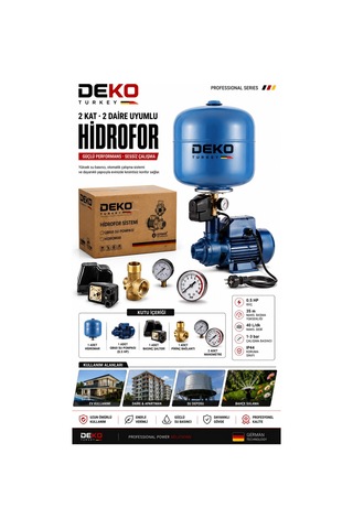 Deko Dttqbtank 24 Lt Tanklı Otomatik Hidrofor 0.5 Hp Bakır Sargılı Su Motoru 2 Kat 2daire Basınç