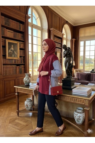 Peka Kadın Tesettür Tunik Çizgili Gömlek Detaylı Tunik Bordo Bordo