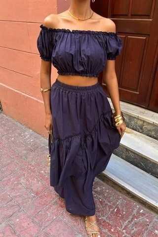 Büzgülü Crop Kat Detaylı Fırfır Etekli Takım 10196 Laci Vert