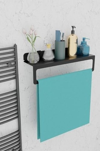 Siyah Ultra Güçlü Yapışkanlı Metal Raflı Havlu Tutucu, Raf Metal Havlu Askılığı Mt93s Siyah