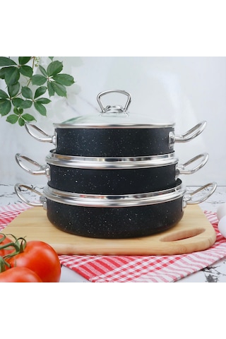 Meşeler Granit Omlet Sahan Seti 3 Lü Siyah - İnox 18  x 20 x 22 CM