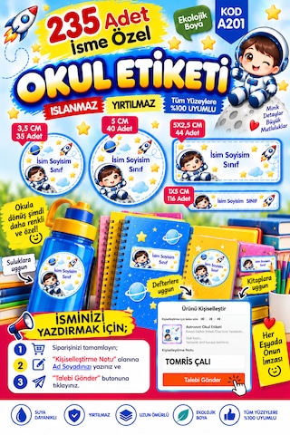 Astronot Okul Etiketi Kalem Defter Özel İsim Yazılabilen Sticker Çok Renkli