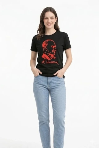 Defymoda Atatürk Baskılı Tişört Kısa Kollu Bisiklet Yaka T-shirt - Siyah