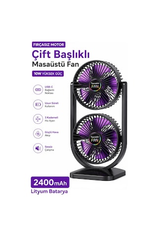 Exenar - Siyah - Çift Başlıklı Masaüstü Fan Brushless Motor 10w Güçlü Vantilatör Ayarlanabilir Başlık 2400 Mah Şarjlı