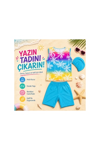 Rony Pony Kids Kız Çocuk Palmiye Desenli 3 Lü Mayo Takımı Şort, Kolsuz Üst Ve Bone Turkuaz