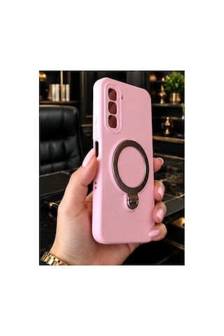 İnfinix Hot 70 4g İle Uyumlu 360 Derece Dönebilen Kalın Metal Magsafe Halka Stantlı İçi Kadife Korumalı Ultra Lüx Premium Silikon Kılıf Pembe