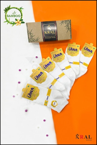 Kral Socks Kadın Bambu Çorap 6 Çift Renkli Hediye Kutulu Patik Kadın Çorap Beyaz