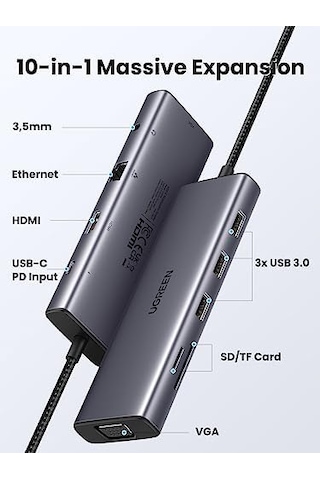 Usb C Yerleştirme İstasyonu 10&apos U 1 Arada 4k Hdmı, Vga, 3 X Usb A 3.0, Pd 100w, Ethernet, 3,5 Mm Ses, Sd/tf İle