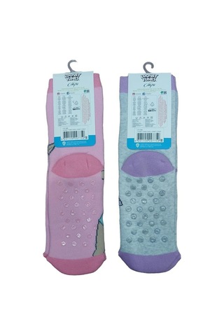 2'li Looney Tunes Tabanı Kaydırmaz Kışlık Havlu Çocuk Çorap-pembe-gri