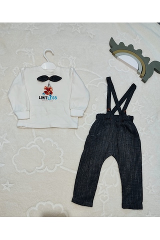 9-12-18 Ay Papyonlu Sweat Kot Pantolon 2li Erkek Bebek Salopet Takımı Çok Renkli