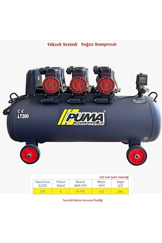 Puma PSLYH200-6M Yüksek Verimli Yağsız Kompresör