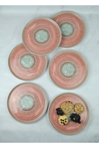 6'lı Desenli Seramik Pasta Tabağı Tatlı Sunum Tabak 21 Cm-pinko