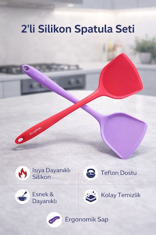 2 Adet Sert Uçlu Ekstra Geniş Ağızlı Silikon Spatula Mor&Kırmızı