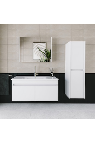 Banos Tm3 Lavabolu Beyaz 100 Cm Aynalı Banyo Dolabı Takımı Beyaz