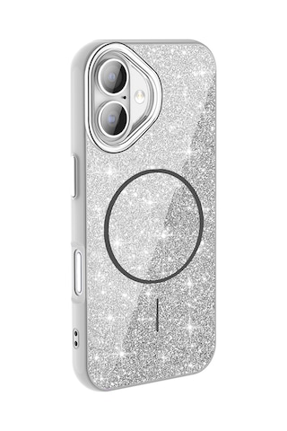 Rba Aksesuar Apple Uyumlu iPhone 16 Plus Kılıf M-safe Şarj Özellikli Parlayan Simli Rba Okso Kapak - Beyaz Beyaz
