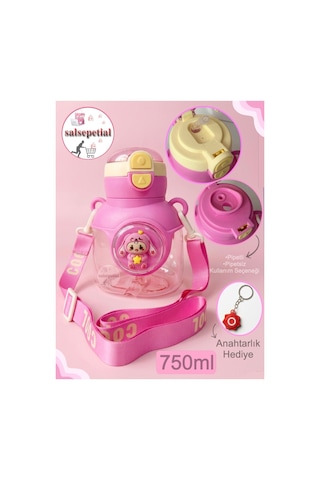 Ayıcık Su Matarası Ayıcıklı Suluk Figürlü Su Şişesi Ayıcık Matara Askılı Pipetli Matara 750ml Pembe