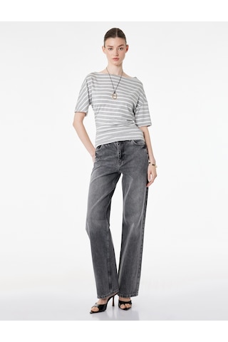 Koton Slim Fit Drape Detaylı Omzu Açık Kayık Yaka Tişört Gri Çizgili 6sak50414ek