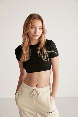 Grimelange Nadıa Esnek Jarse Kumaşlı Kısa Kollu Crop Siyah Büstiyer Siyah