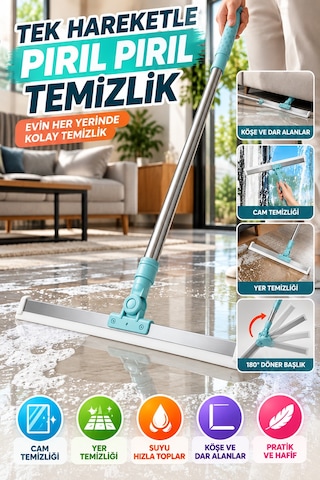 180 Döner Başlıklı Teleskopik Yer Sileceği 35 Cm Cam Banyo Mutfak Zemin Su Çekme Aparatı Pratik Mop