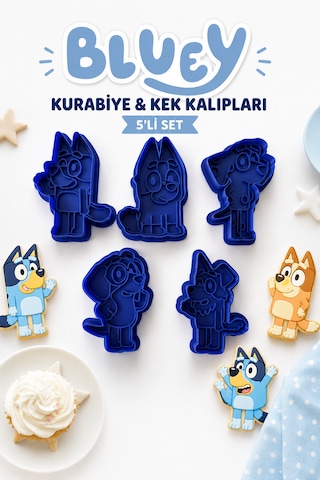 Bluey Karakterleri Kurabiye Kalıbı 5 Li Set Oyun Hamuru Ve Şeker Hamuru Kalıbı Açık Mavi