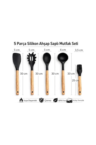 5 Parça Renkli,ahşap Saplı Silikon Mutfak Servis Seti-yanmaz Yapışmaz Kepçe Spatula Kaşık Fırça Füme Antrasit