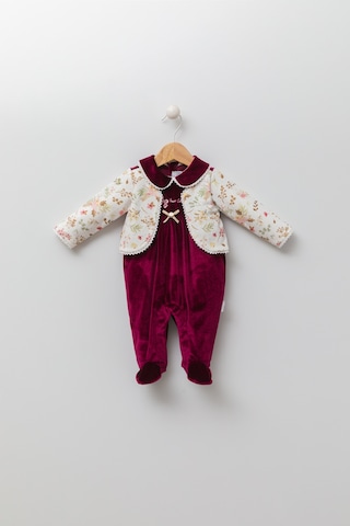 Babyhola Kadife Patikli Kız Bebek Tulum 0-12 Ay Retro Ceketli Görünümlü Hediyelik Nostaljik Bayramlık 13433 Bordo