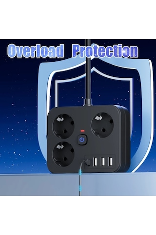 Xuweiwei 7si 1 Arada Priz 3 Ac 3 Usb 1 Type C Siyah Kısa Kablo 152 Cm Ev Ofis Seyahat